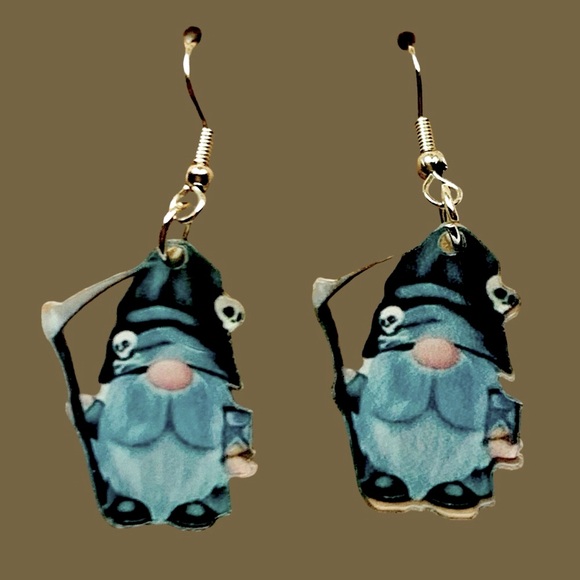 Gnome Grim Reaper Blue Green handcrafted fishhook dangle Earrings Halloween - Picture 1 of 2